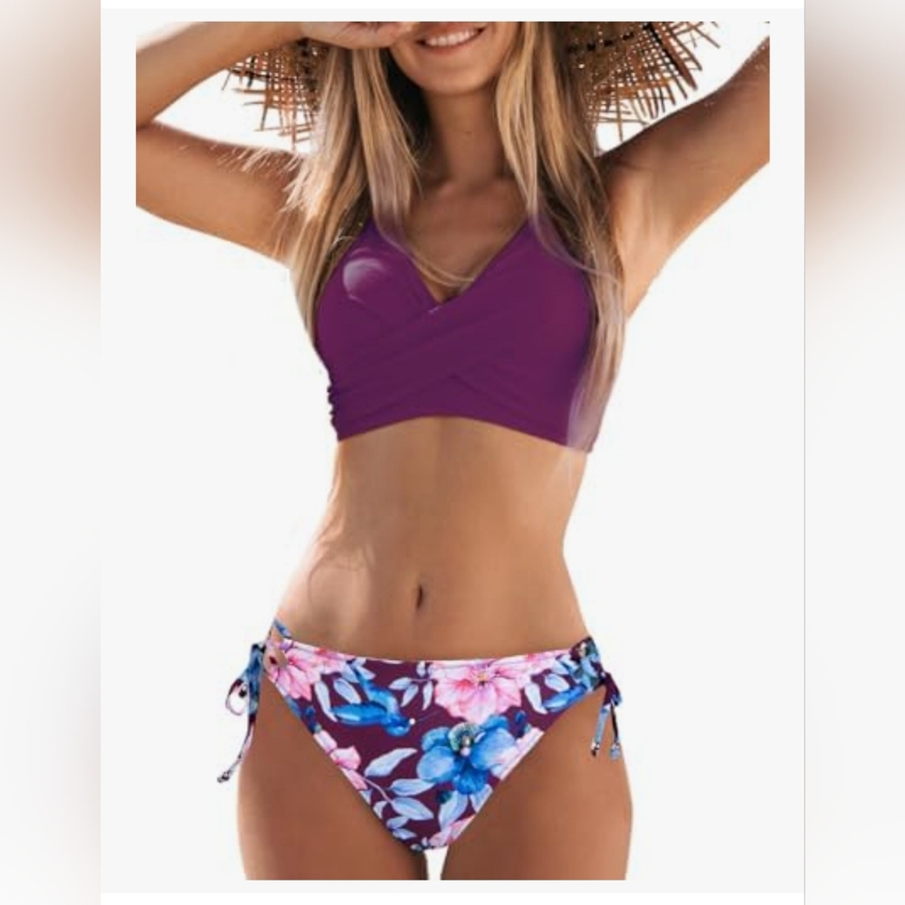 Cupshe Wrap Style Purple and Floral Bikini Set - NWT